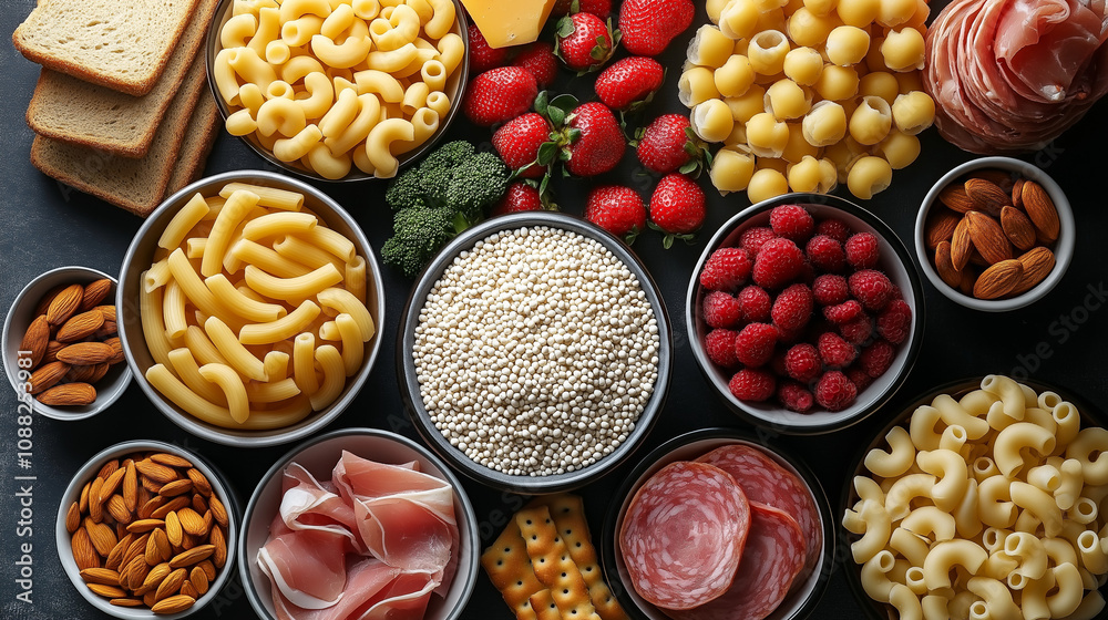 Food Engineering Concept with Variety of Processed Foods, Top View