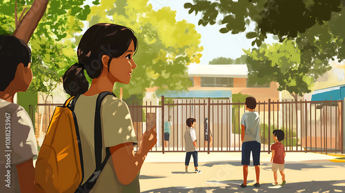 A casual scene of a mom chatting with other parents near the school gate as kids play in the background 