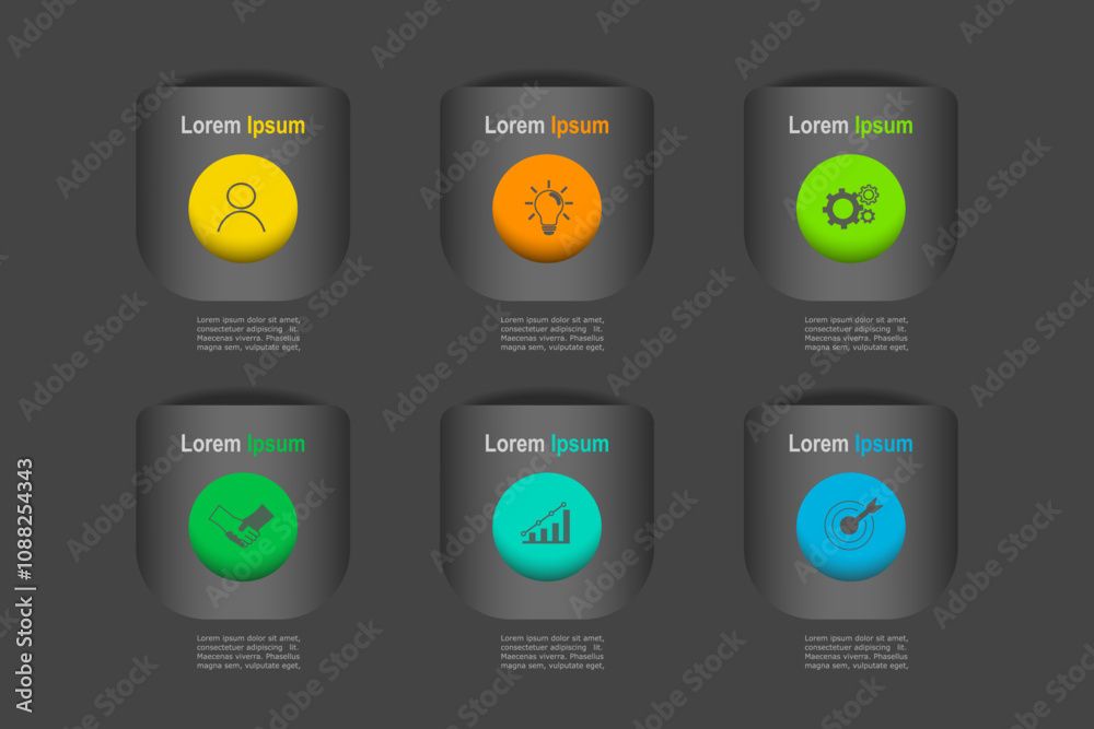 infographic elements template, business concept with 6 steps, grey rectangle with colorful label design for workflow layout, diagram, annual report, web design. Creative banner, vector infographic elements template, business concept with 6 steps, grey rectangle with colorful label design for workflow layout, diagram, annual report, web design. Creative banner, vector