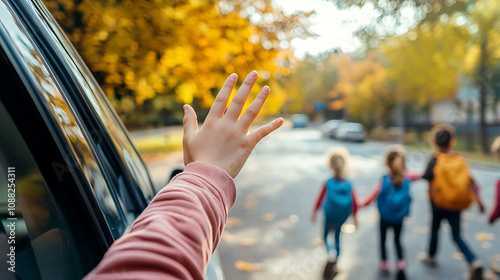 A close-up of a mom's hand waving out of the car window as kids walk toward a school entrance  photo