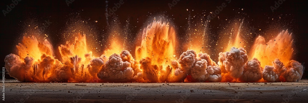 Obraz premium Series of Powerful Explosions With Bright Orange Fire, Smoke, And Debris On Black Background