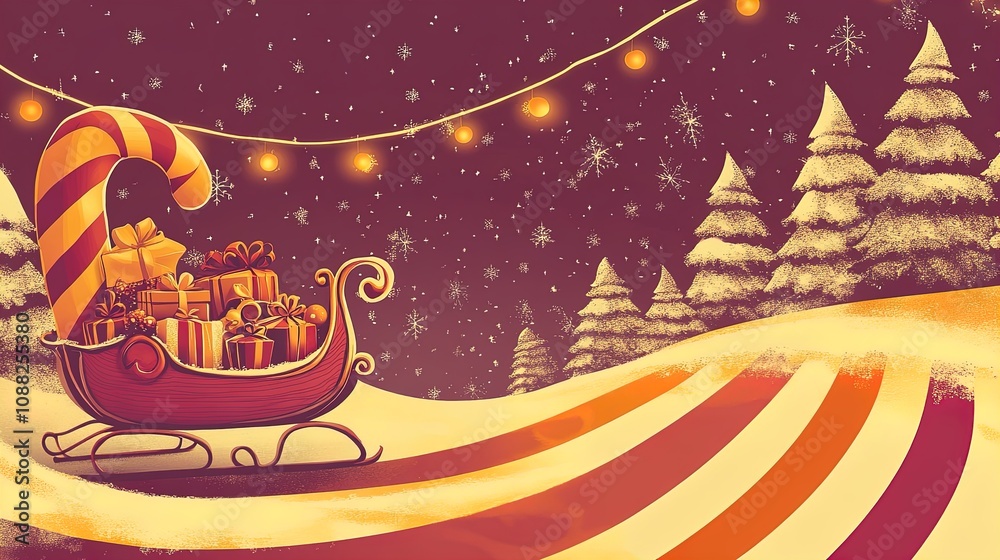 Fototapeta premium Enchanting Christmas Poster: A Snow-Covered Sleigh Brimming with Gifts, Ornaments, and Gingerbread Cookies, Illuminated by Glowing Fairy Lights for Your Festive Home Decor!