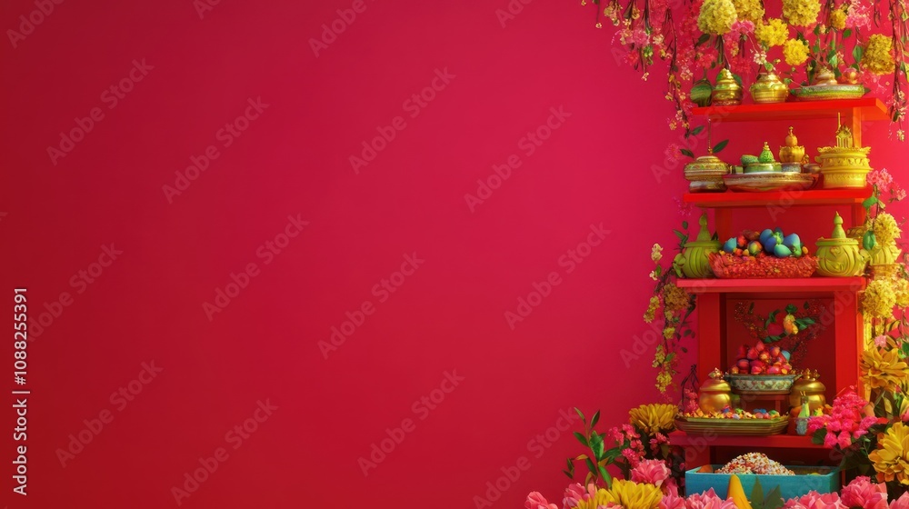 Naklejka premium Festive display with colorful flowers and decorative items.