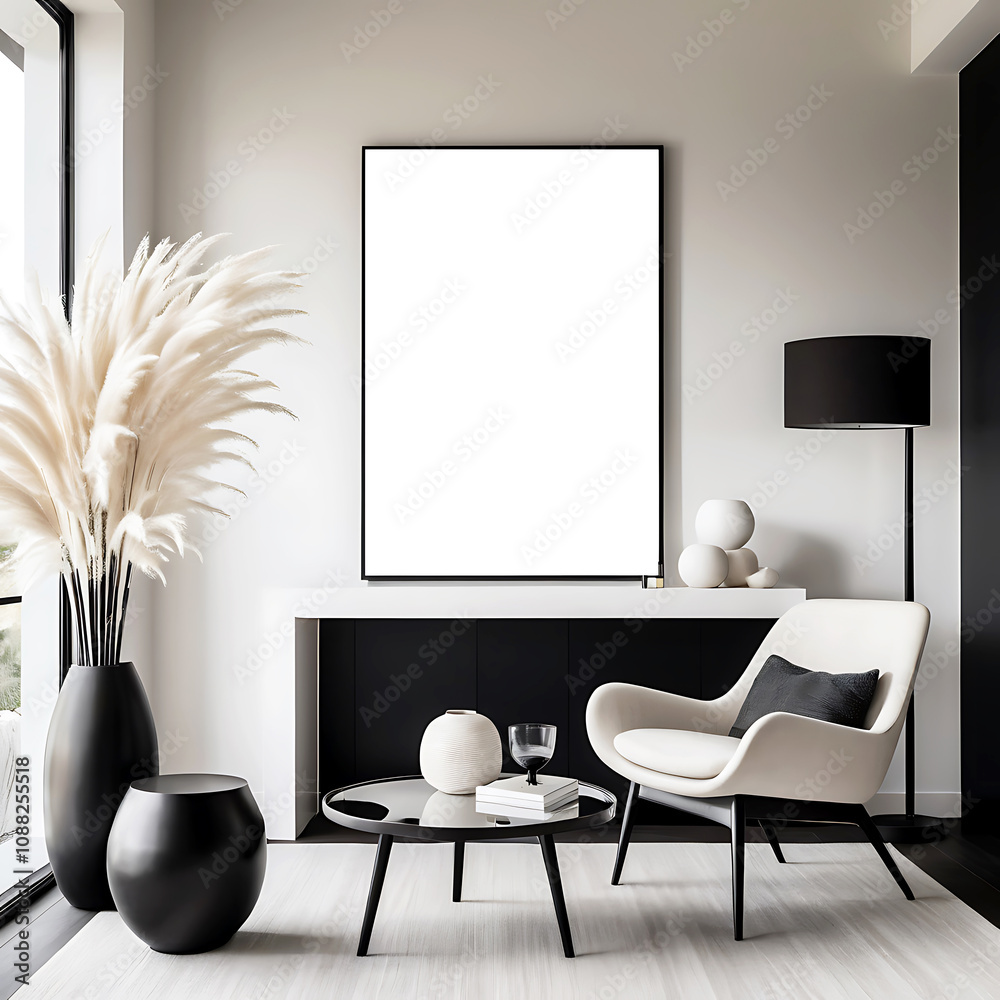 Empty frame on the wall, modern living room design Empty frame on the wall, modern living room design
