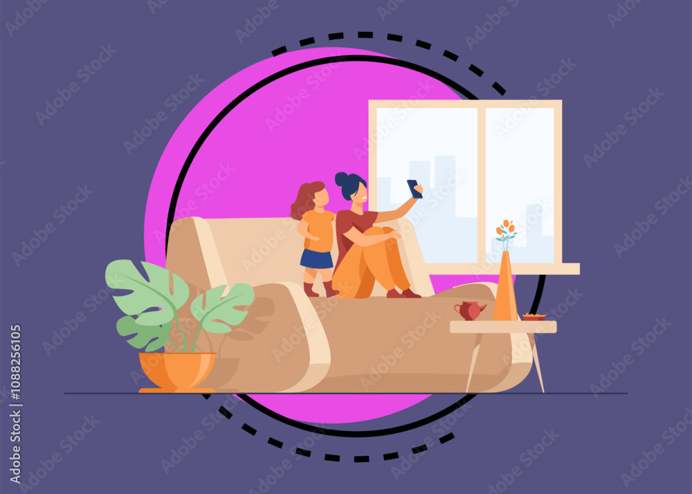 Obraz premium Mom and daughter using smartphone for video chat at home. Woman and little girl sitting on couch and taking selfie with phone. Vector illustration for family, having fun together concept