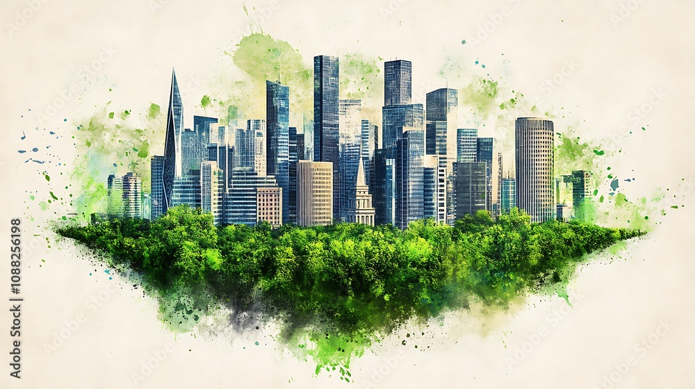 Obraz premium Green city skyline, eco-friendly urban landscape.
