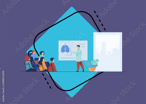 Medical college professor teaching students. Doctor presenting human lungs infographics to audience at conference. Vector illustration for seminar, lecture, healthcare meeting concept