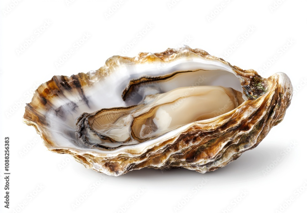 Close-Up of an Open Oyster Shell Displaying Its Iridescent Interior and Plump Flesh, Showcasing the Natural Beauty of Marine Life and Sea Food Delicacies Close-Up of an Open Oyster Shell Displaying Its Iridescent Interior and Plump Flesh, Showcasing the Natural Beauty of Marine Life and Sea Food Delicacies