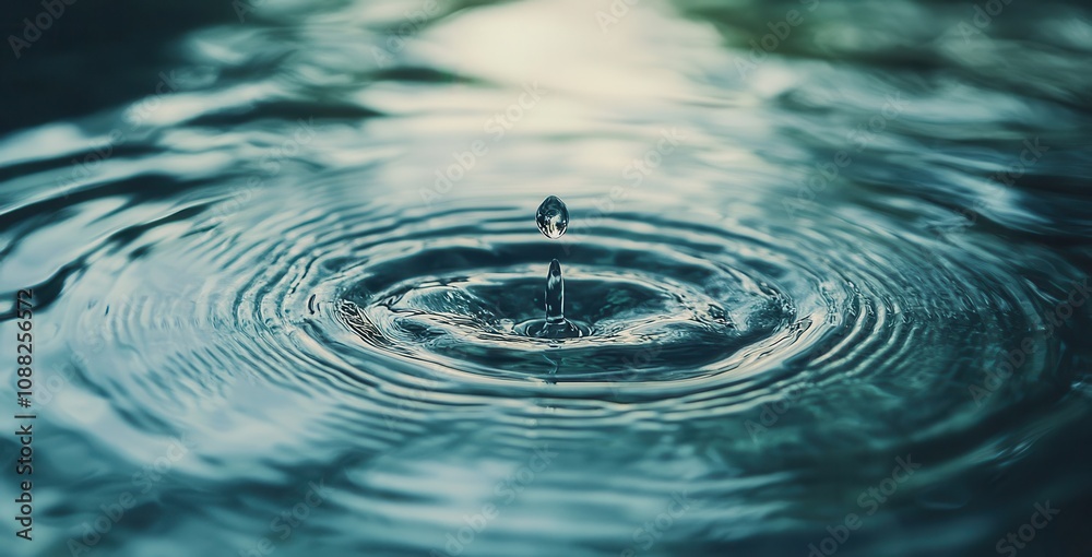 Captivating Close-Up of Water Droplet Creating Circular Ripples on Calm Surface, Illuminated by Natural Light in a Serene and Tranquil Environment