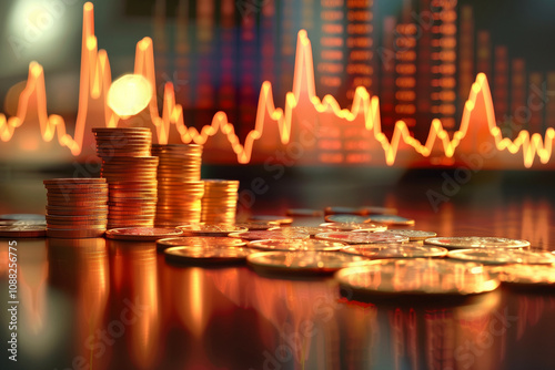 Wallpaper Mural Stacks of Golden Coins with Blurred Financial Charts and Glowing Lines Depicting Stock Market and Investment Trends Torontodigital.ca