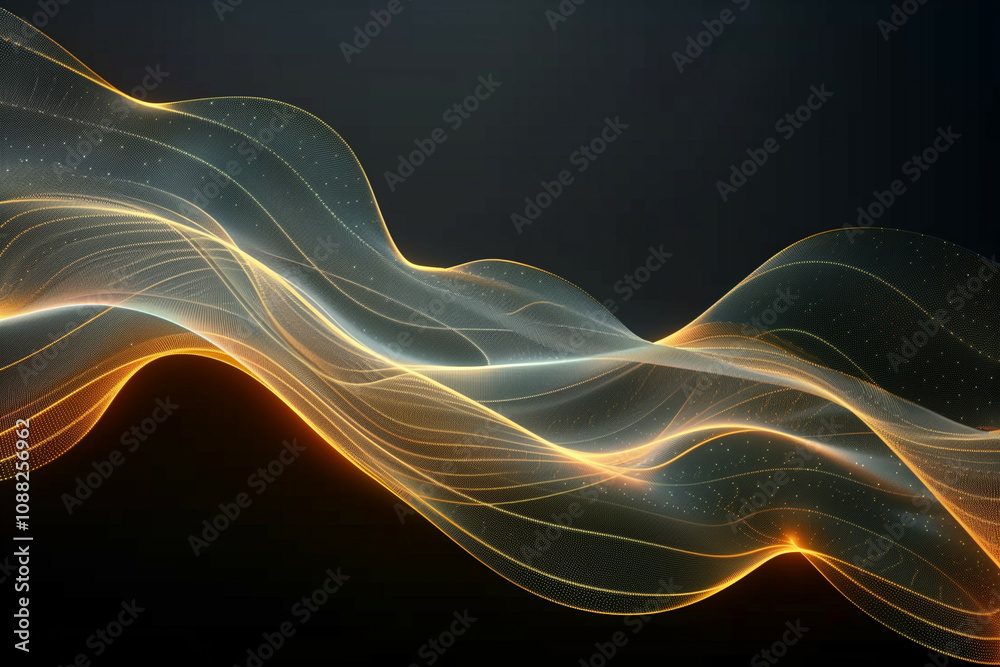 Fototapeta premium Abstract Golden Waves on Dark Background with Glowing Particles in Elegant Flow