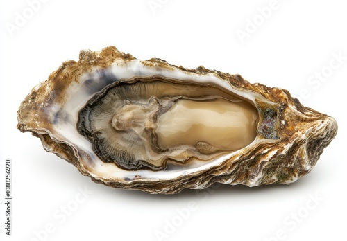 Beautifully Opened Oyster Shell with Iridescent Interior Detailing Against a Clean White Background Perfect for Culinary and Nature Themes