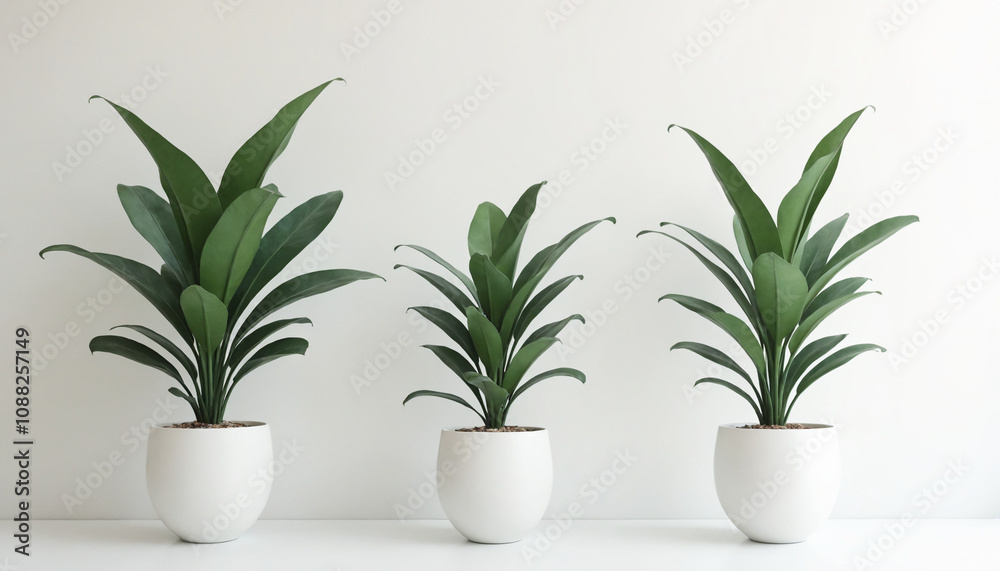 Stylish green plants in white pots arranged on a minimalist shelf Stylish green plants in white pots arranged on a minimalist shelf