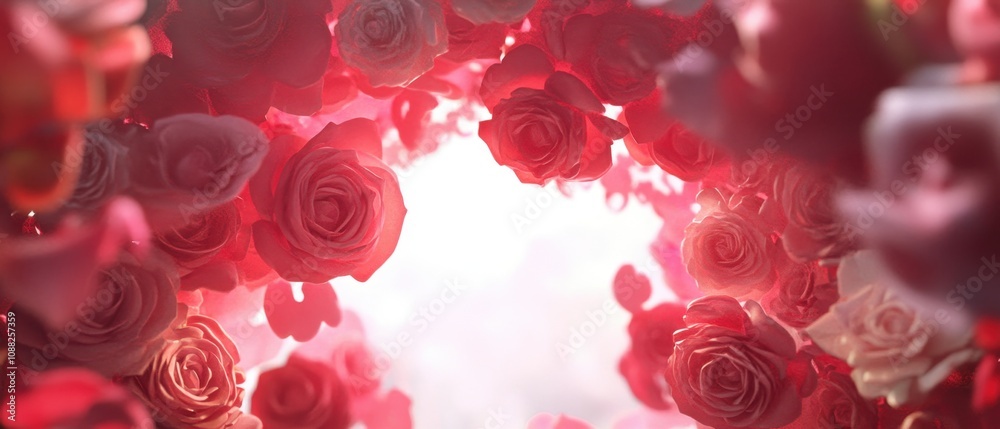 A vibrant arrangement of red roses creates a stunning floral arch, inviting light and beauty into the scene. A vibrant arrangement of red roses creates a stunning floral arch, inviting light and beauty into the scene.