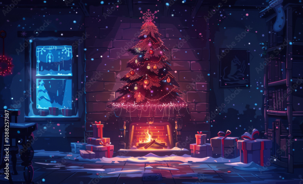 Interior christmas. magic glowing tree, fireplace, gifts in dark Interior christmas. magic glowing tree, fireplace, gifts in dark