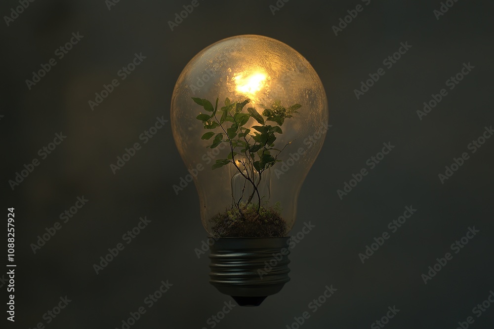 Light Bulb with Growing Plant Inside on Dark Background. Light Bulb with Growing Plant Inside on Dark Background.