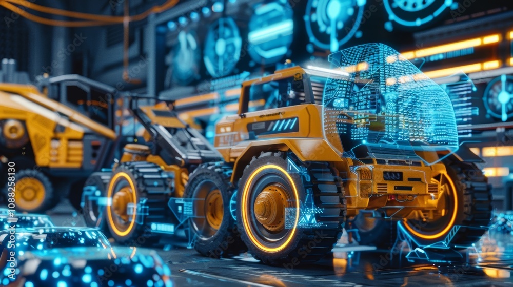 Smart industrial vehicles are maintaining other futuristic machines inside a modern factory, showcasing advanced automation and technological innovation in the industry Smart industrial vehicles are maintaining other futuristic machines inside a modern factory, showcasing advanced automation and technological innovation in the industry