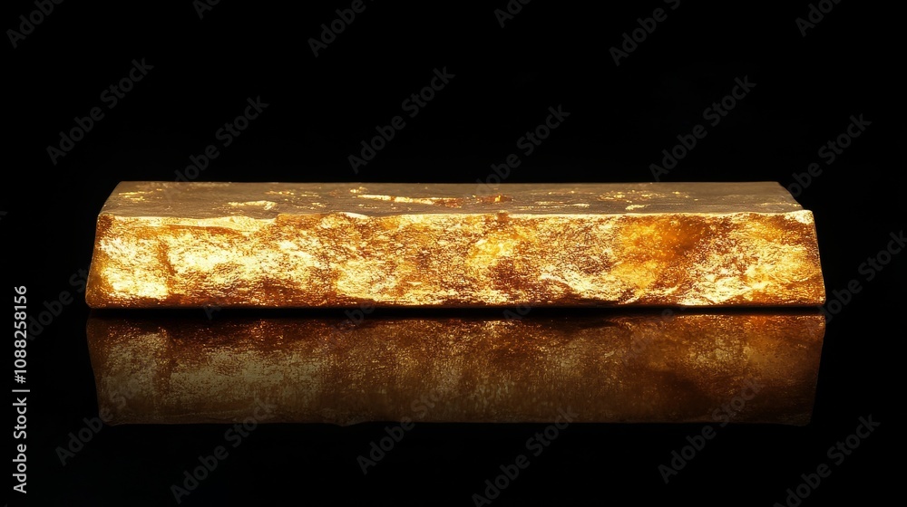 Fototapeta premium A golden bar glimmers against a black background, showcasing its reflective surface and rich texture, symbolizing wealth and luxury.