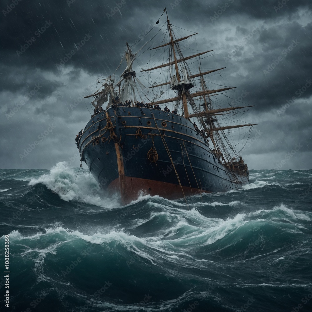 Obraz premium A ship caught in a maelstrom, with sailors desperately holding on.