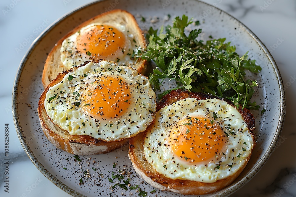 Sunny-Side Up Eggs on Toast, Seasoned with Pepper, Garnish with Parsley