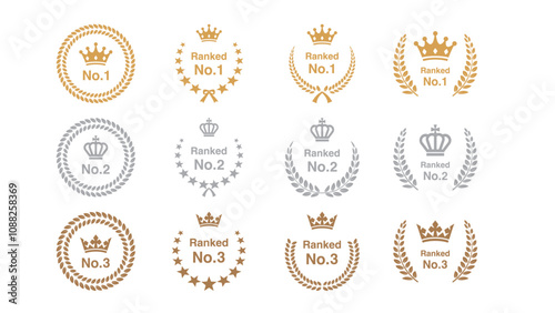 First, Second, and Third Laurel Wreath Award: Olive Leaves and Victory Stars Emblem for Champions. Vector Illustration of Gold, Silver, and Bronze Crowns with Rankings 1, 2, 3.
