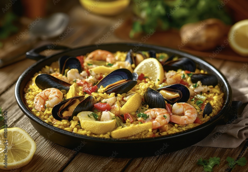 Vibrant Seafood Paella with Shrimp and Mussels Presented in a Black Pan Surrounded by Fresh Ingredients and Lemon Slices on a Rustic Wooden Table