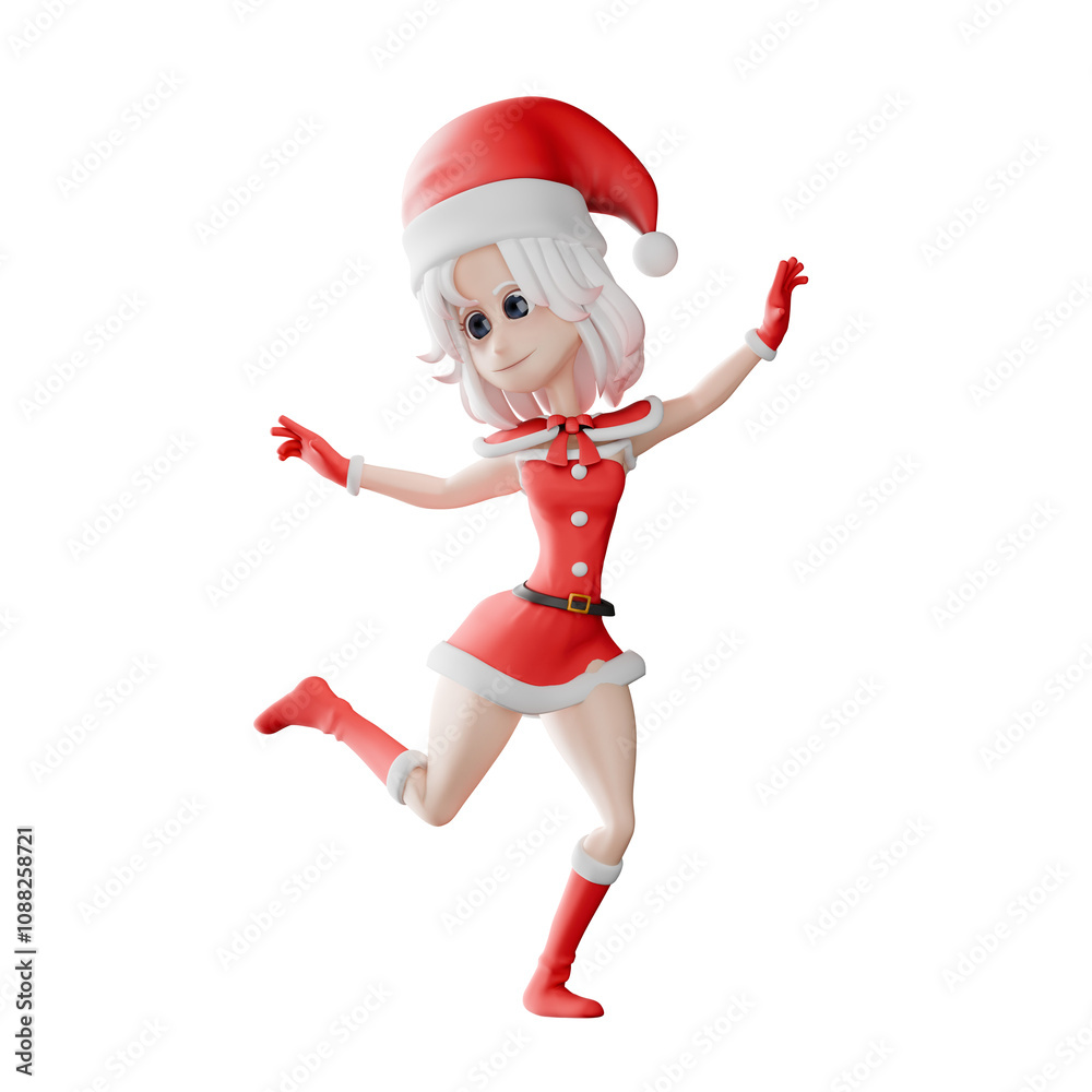 Girls Santa Cartoon Holiday Model. A girl santa walks while dancing, as if she is sliding on the snow. Festive 3D Character Girls Santa Cartoon Holiday Model. A girl santa walks while dancing, as if she is sliding on the snow. Festive 3D Character