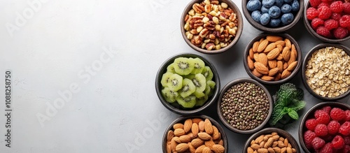 A variety of healthy ingredients in bowls, including kiwi, blueberries, almonds, pecans, chia seeds, oats, and raspberries, on a gray background.