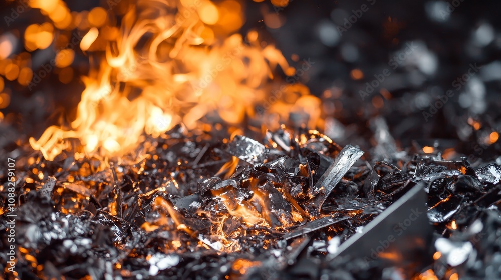 A close-up of glowing orange flames igniting metallic shards, showcasing the intense heat and vibrant colors in a fiery environment. A close-up of glowing orange flames igniting metallic shards, showcasing the intense heat and vibrant colors in a fiery environment.
