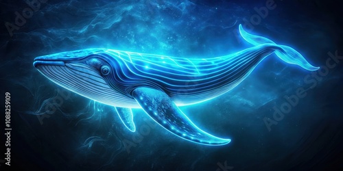 Glowing neon blue whale in dark ocean background with textured highlights, neon, blue whale, dark, ocean, glowing photo