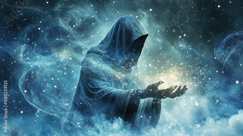 Enigmatic Hooded Sorcerer Conjuring Glowing Stars: A Stunning Poster for Elevating Your Sporty Interior with Otherworldly Blue Atmosphere and Whimsical Mystique photo