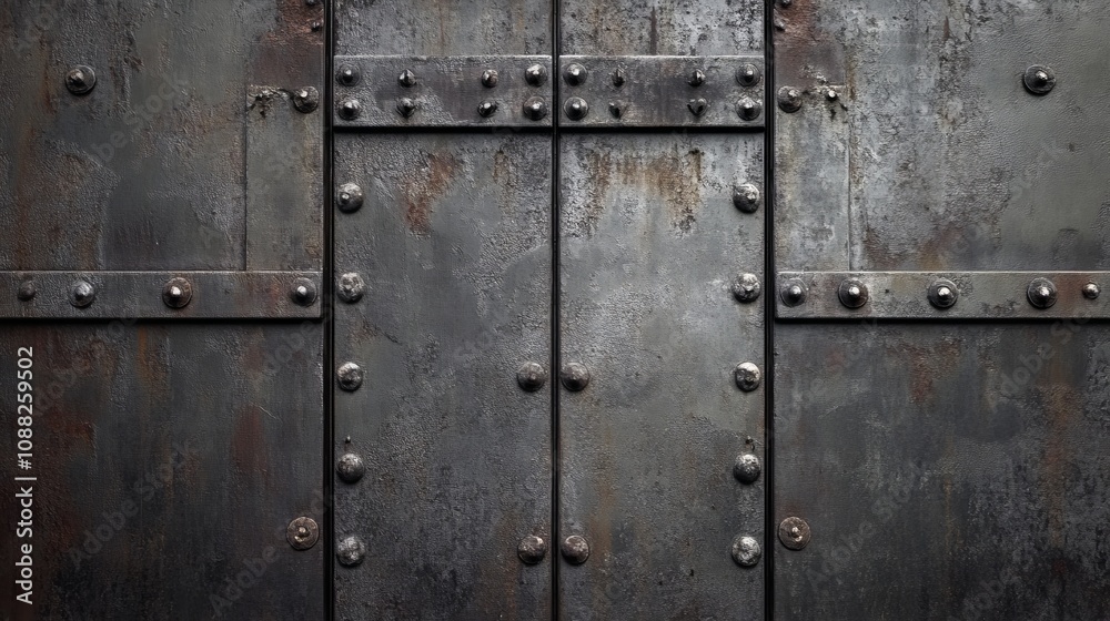 A rugged metal door with visible rust and bolts, showcasing a weathered industrial aesthetic. A rugged metal door with visible rust and bolts, showcasing a weathered industrial aesthetic.