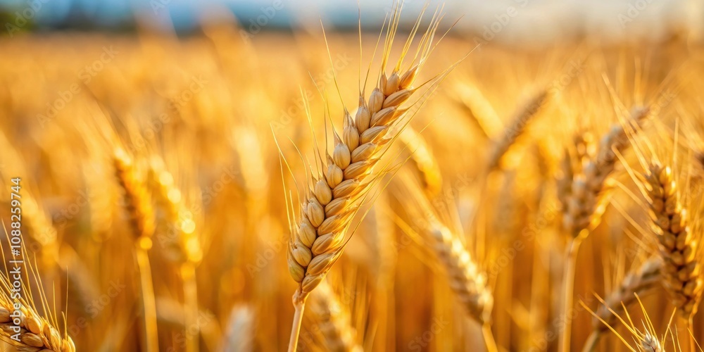 Fototapeta premium Close up of a tall wheat spike in a field, wheat, spike, nature, food, ingredient, agriculture, harvest, organic, crop, grains