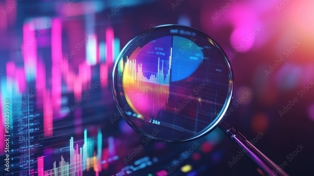 magnifying glass looking business analyzing financial data charts on a digital tablet magnifying glass looking business analyzing financial data charts on a digital tablet