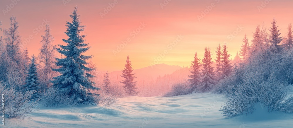 A snowy forest with a beautiful sunrise in the background. A snowy forest with a beautiful sunrise in the background.