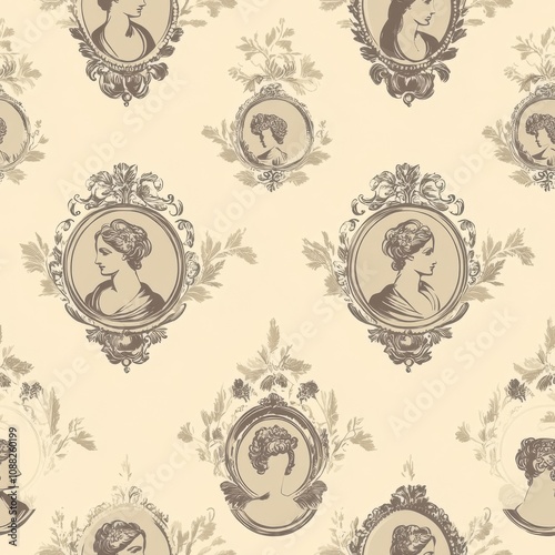 Vintage Neoclassical cameo pattern on vintage beige fabric background, seamless repeating pattern, textile print style, minimal, Neoclassical design, seamless cameo pattern, home decor, textiles