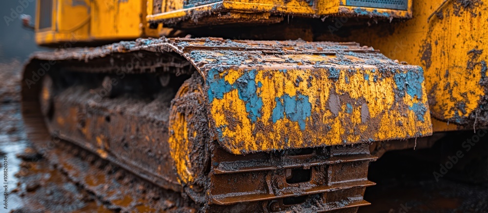 Closeup of a muddy yellow bulldozer track.