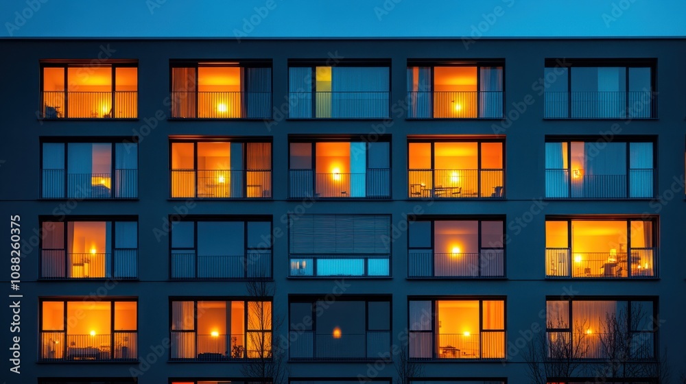 A modern apartment building illuminated at dusk. A modern apartment building illuminated at dusk.