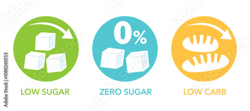 Low sugar, Zero sugar and Low carb - Diet healthy food circular labeling vector badges set