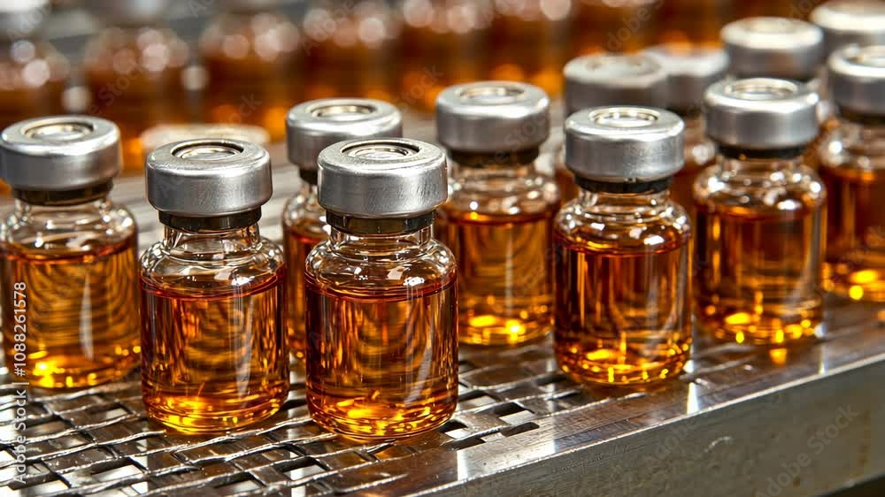 A close-up view of numerous small glass vials filled with a translucent amber liquid