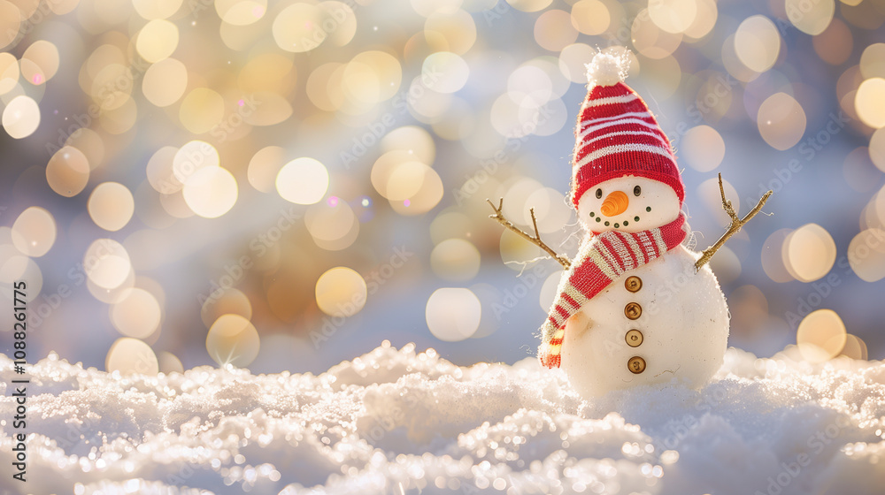 Obraz premium Festive snowman in a snowy field at sunrise with a cheerful red scarf and hat