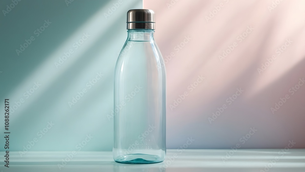 Simple Glass Bottle With Metal Cap Against Pastel Background in Soft Lighting Simple Glass Bottle With Metal Cap Against Pastel Background in Soft Lighting