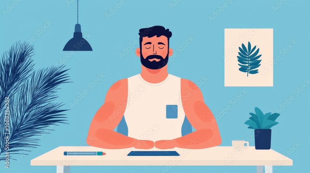A relaxed man sits at a desk adorned with plants, surrounded by a calming blue background, embodying tranquility and focus in a modern workspace. A relaxed man sits at a desk adorned with plants, surrounded by a calming blue background, embodying tranquility and focus in a modern workspace.