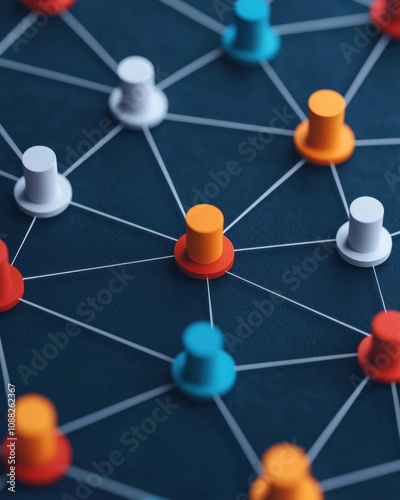 Colorful game pieces connected by lines on a dark background, illustrating a network or connection concept.