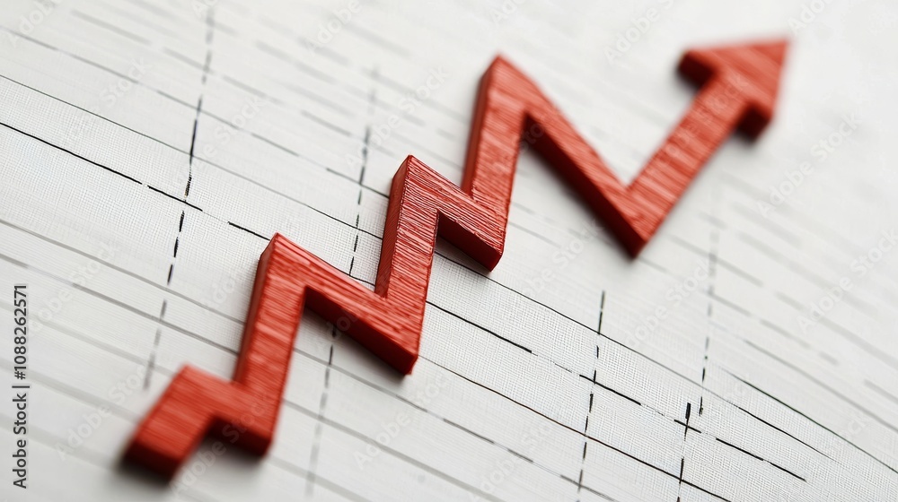 A red zigzag arrow pointing upwards on a graph symbolizes growth and positive trends in data or finance. A red zigzag arrow pointing upwards on a graph symbolizes growth and positive trends in data or finance.