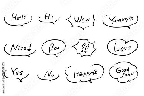 おしゃれな手書き風、落書き風のかわいいふきだしセット