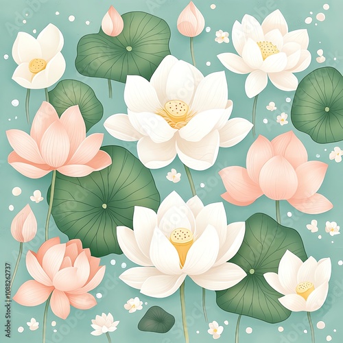 whimsical watercolor cute Beautiful lotus flowers in serene water. photo