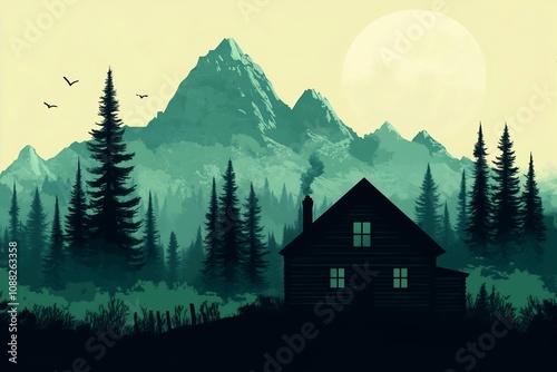 silhouette style landscape with green forest and house photo