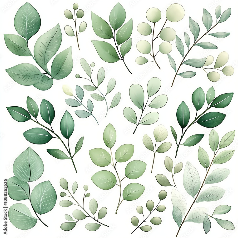 whimsical watercolor cute Various green leaves arranged beautifully.