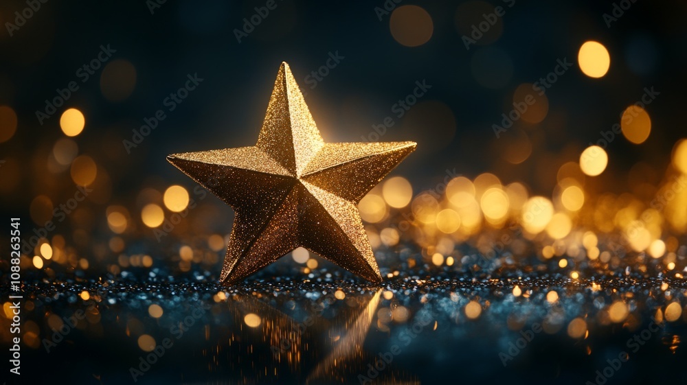 A sleek golden star resting on a black reflective surface, with a faint halo of warm light around